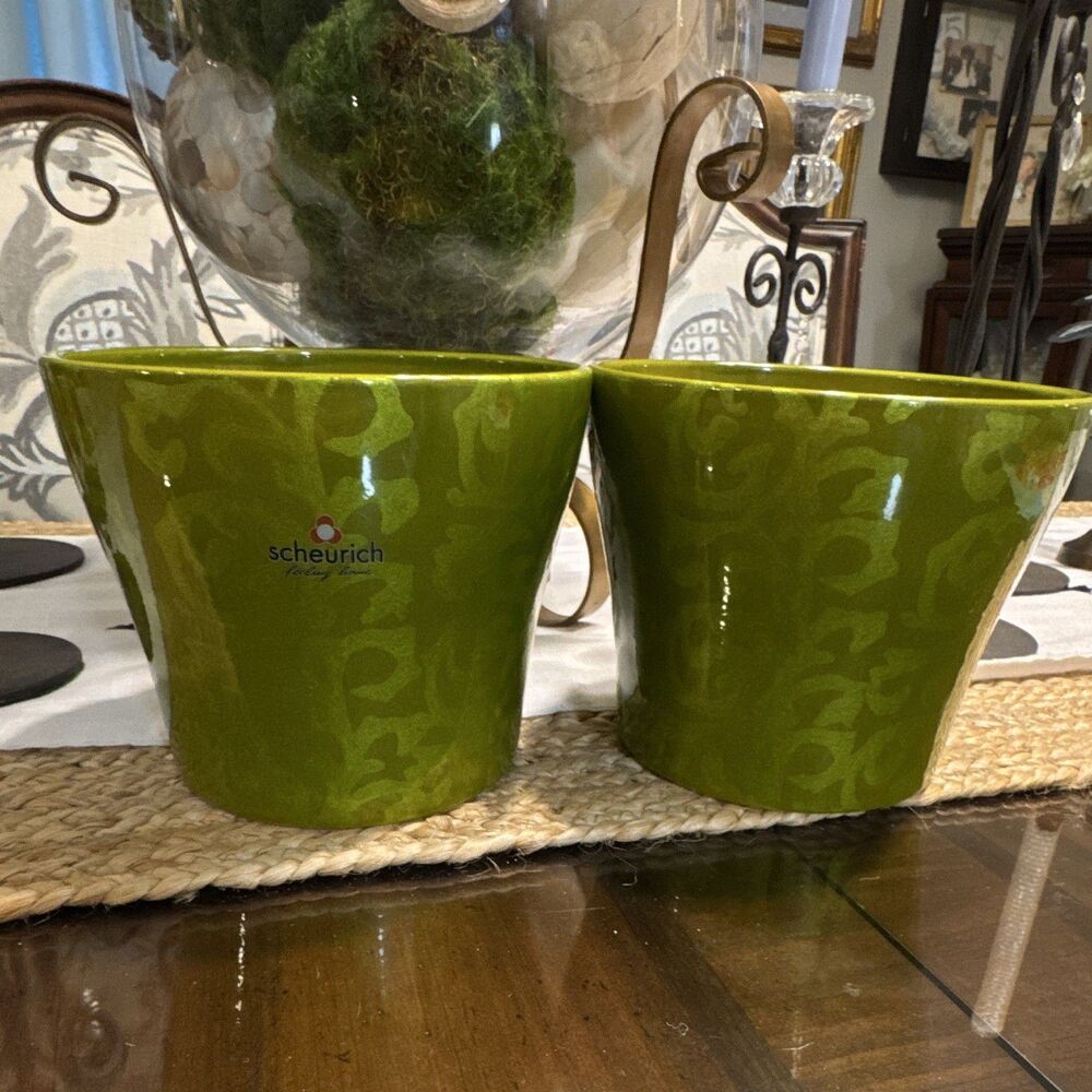 Scheurich Green Glossy Ceramic Planter Abstract Round 808-15 Germany Vintage